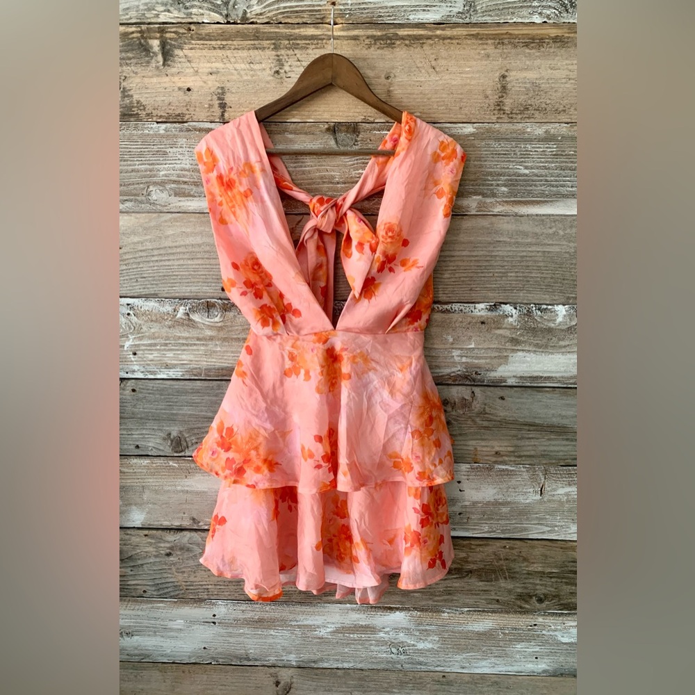 Hello Molly Peach Pink Floral Halter Tiered Mini Dress - Picture 2 of 7